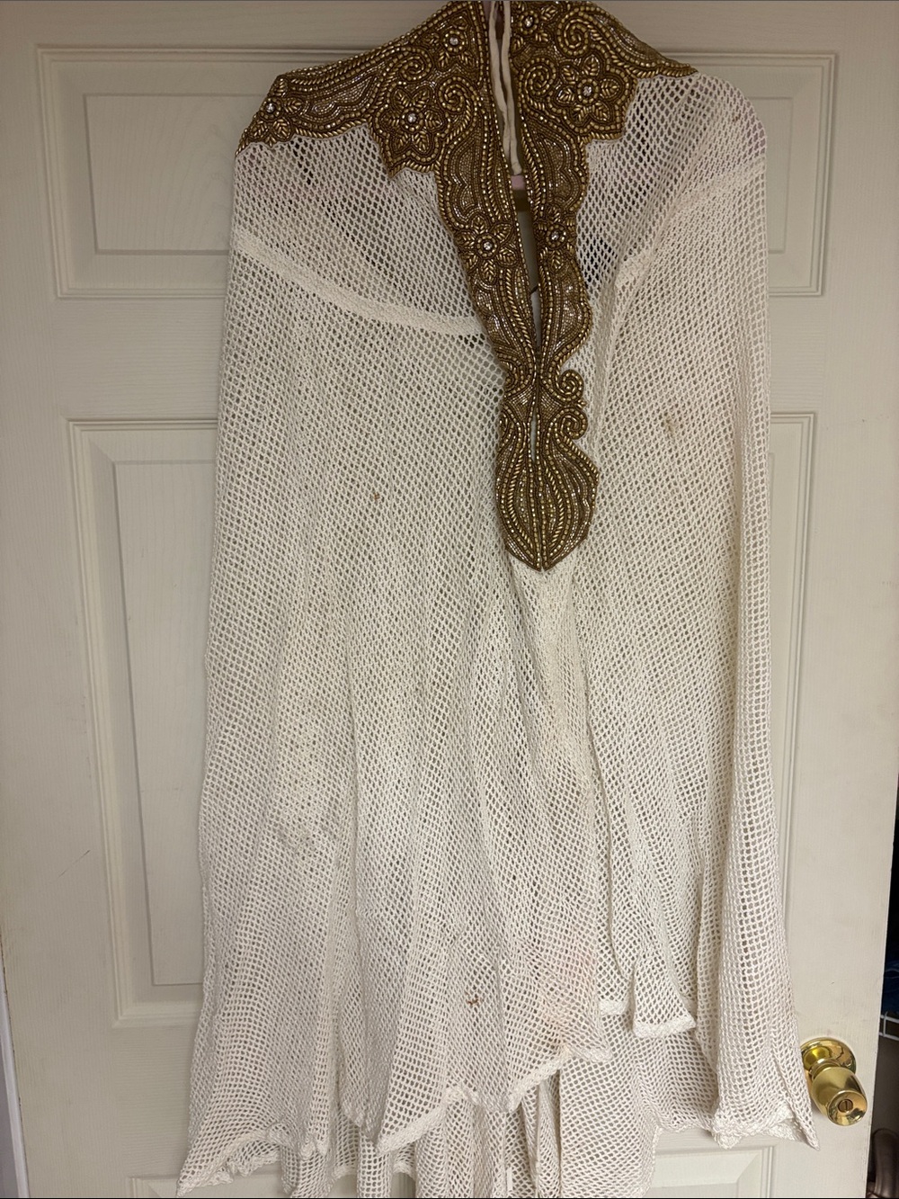 White Mesh Boho Cover-Up with Gold Beaded Trim